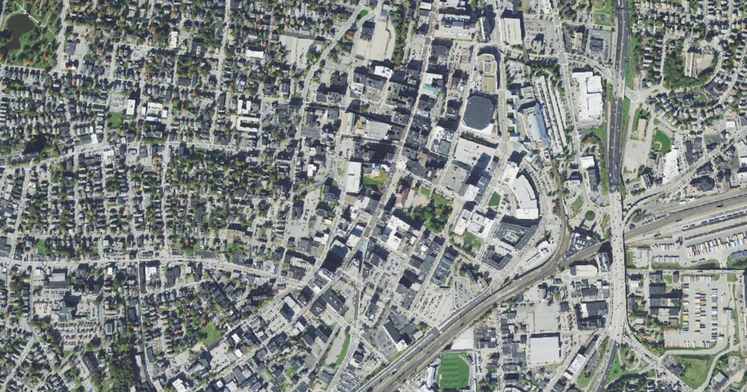 Aerial view of the Crown Castle Worcester (474 Main) site in Worcester, MA